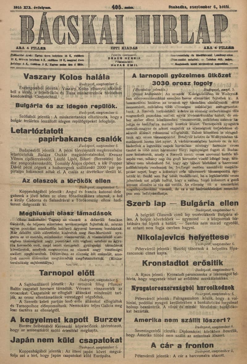 Bácskai Hirlap, 19. évf. 1915. szeptember 6. 405. sz.