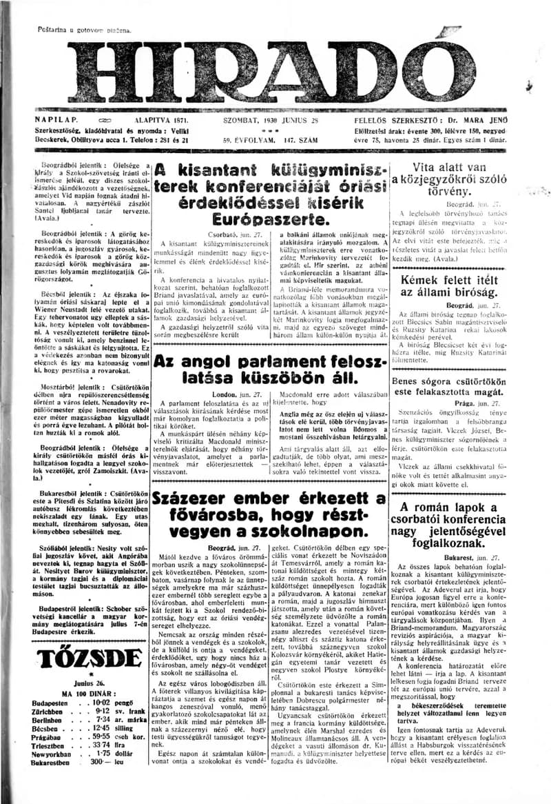 Híradó, 59. évf. 1930. június 28. 147. sz.