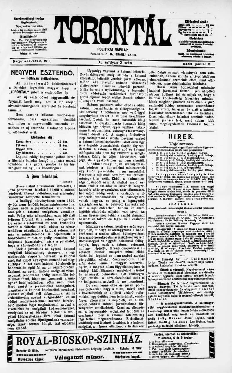 Torontál, 40. évf. 1911. január 3. 2. sz.