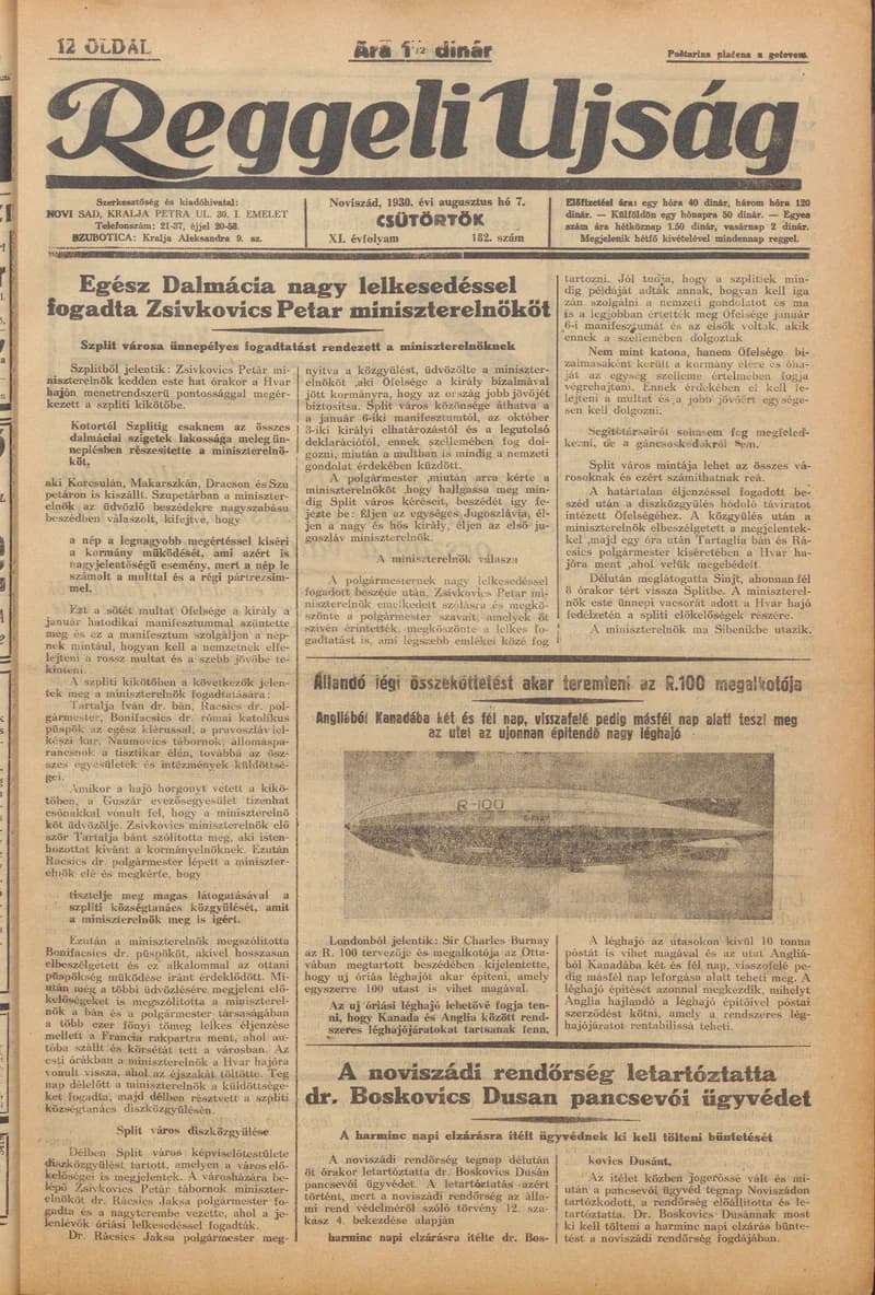 Reggeli Újság, 11. évf. 1930. augusztus 7. 182. sz.