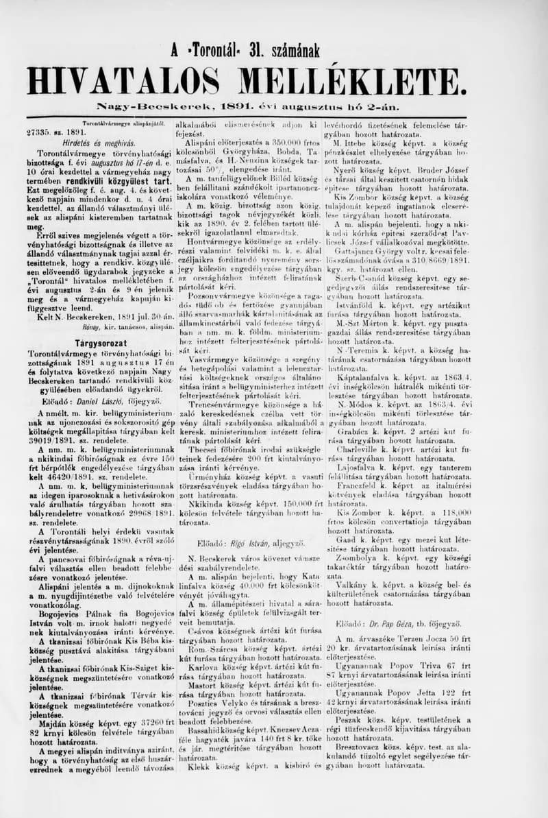 A Totontál  hivatalos melléklete, 4. évf. 1891. augusztus 2. 31. sz.