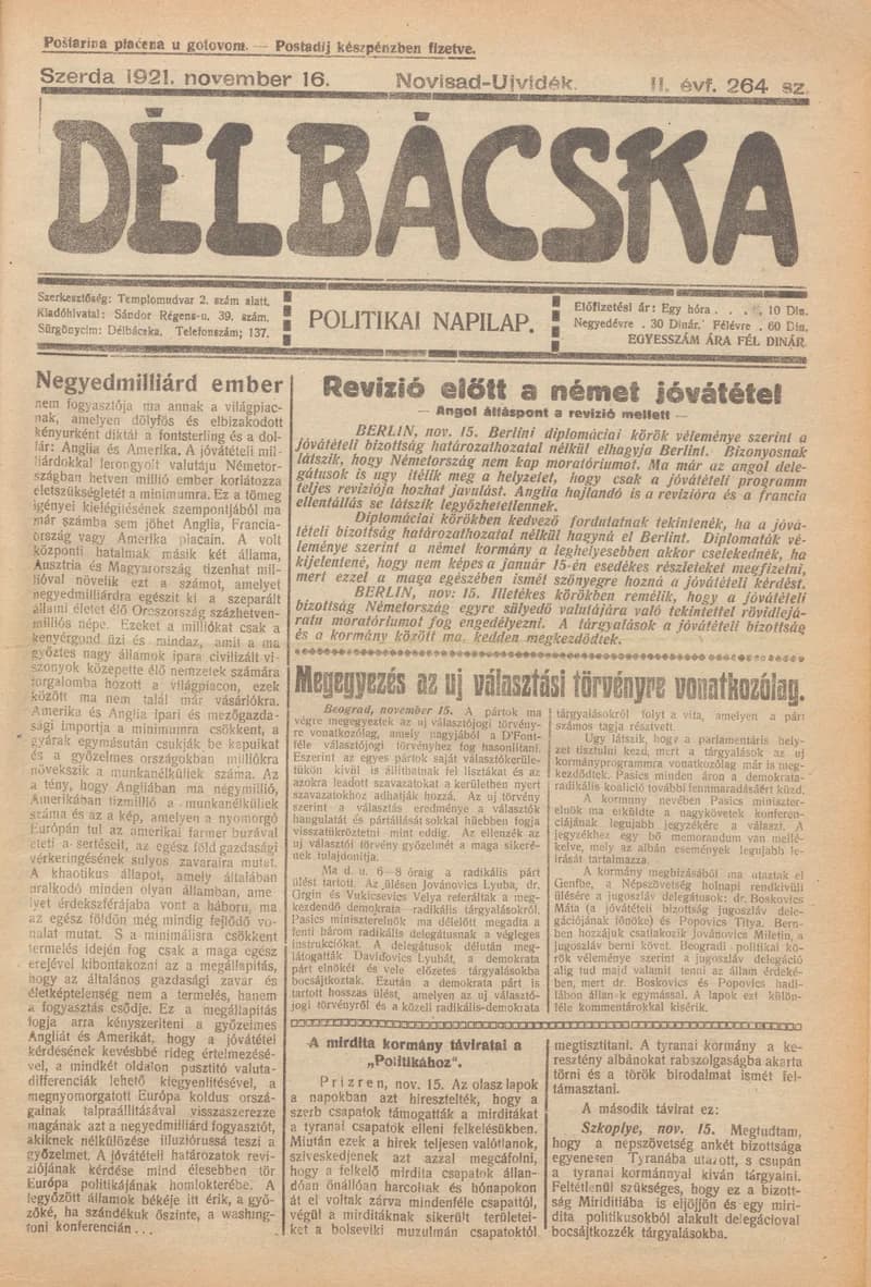 Délbácska, 2. évf. 1921. november 16. 264. sz.