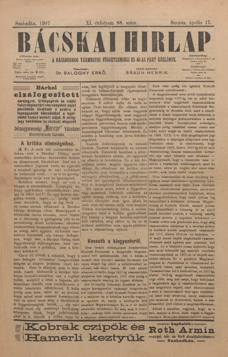 Bácskai Hirlap, 11. évf. 1907. április 17. 88. sz.