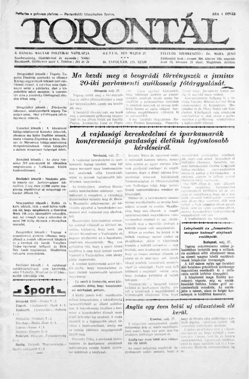 Torontál, 58. évf. 1929. május 27. 120. sz.