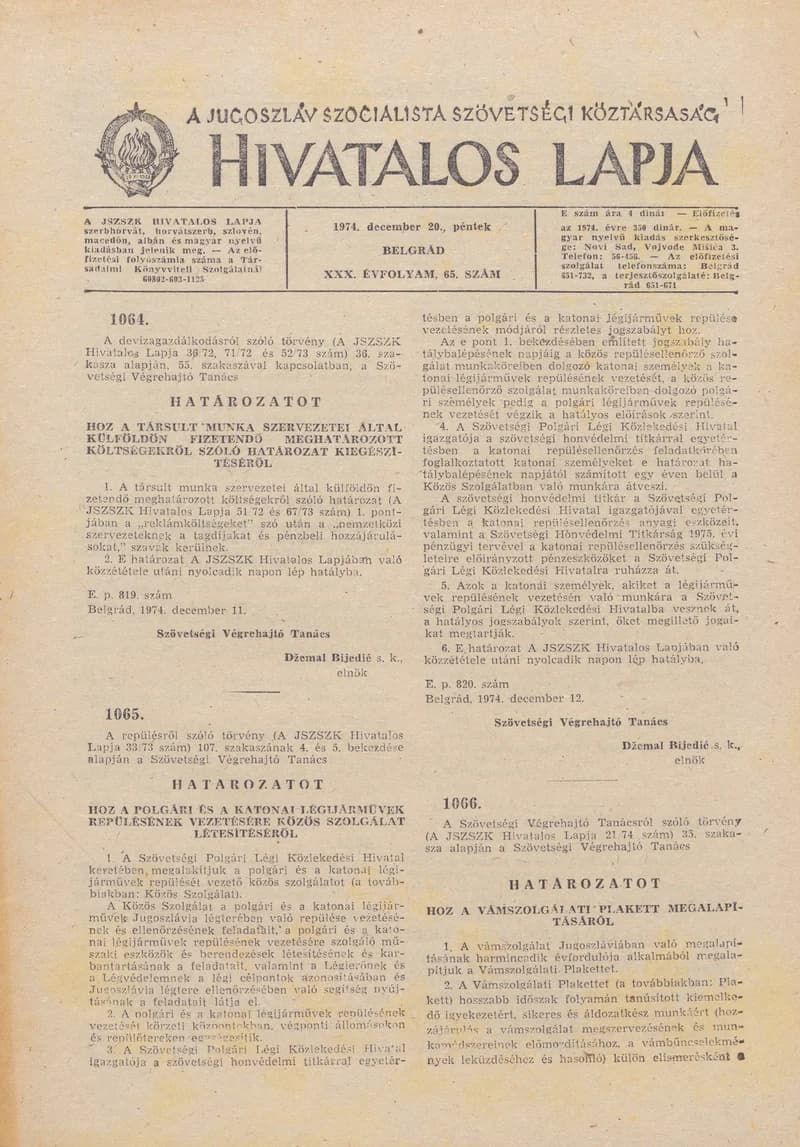 A Jugoszláv Szocialista Szövetségi Köztársaság Hivatalos Lapja, 30. évf. 1974. december 20. 65. sz. 1913–1928. oldal