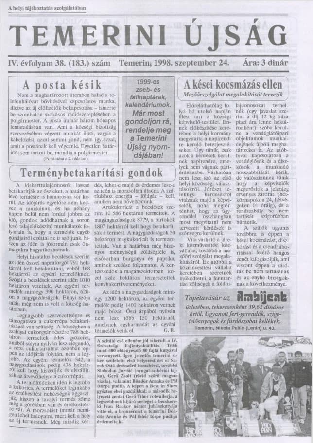 Temerini Újság, 4. évf. 1998. szeptember 24. 38. sz.