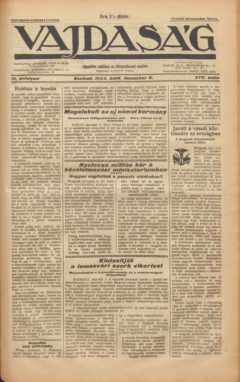 Vajdaság, 3. évf. 1923. december 4. 275. sz.