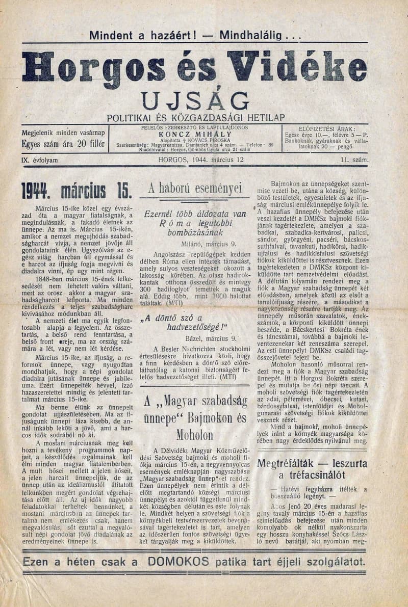 Horgos és vidéke, 9. évf. 1944. március 12. 11. sz.