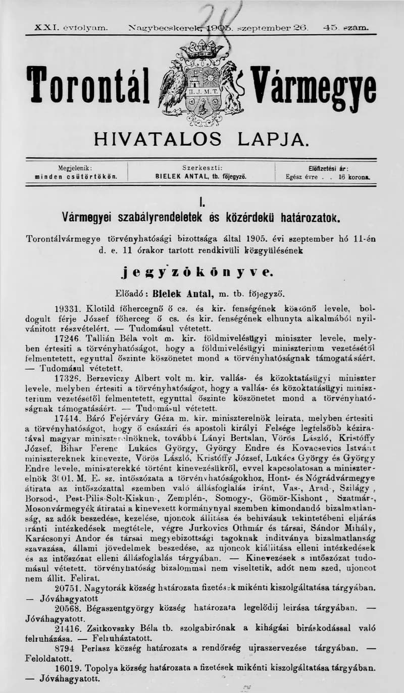 Torontál Vármegye Hivatalos Lapja, 21. évf. 1905. szeptember 26. 45. sz.