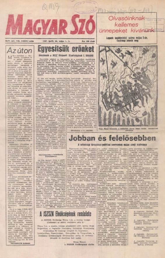 Magyar Szó, 44. évf. 1987. április 30. – május 2. 118. sz. 1–32. oldal