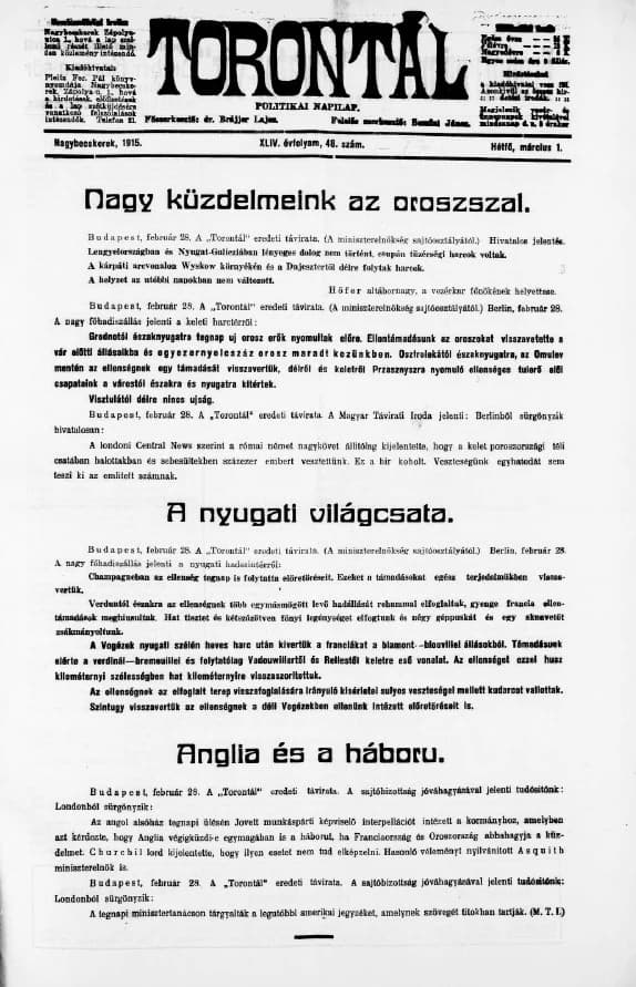 Torontál, 44. évf. 1915. március 1. 48. sz.