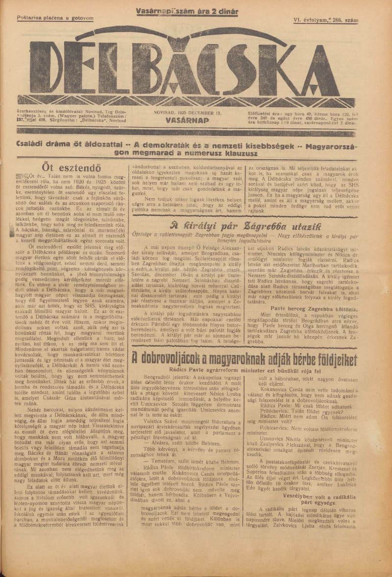 Délbácska, 6. évf. 1925. december 13. 288. sz.