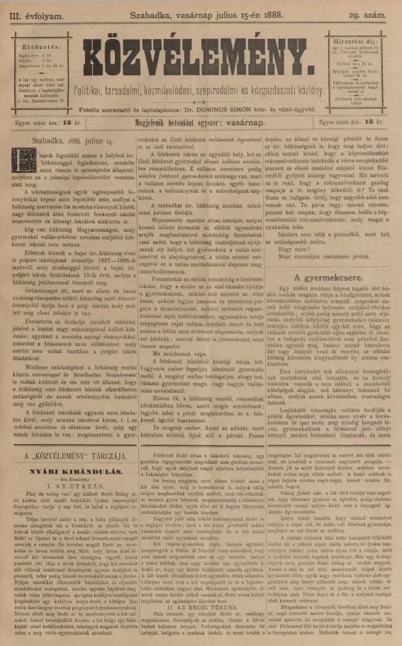 Közvélemény, 3. évf. 1888. július 15. 29. sz.