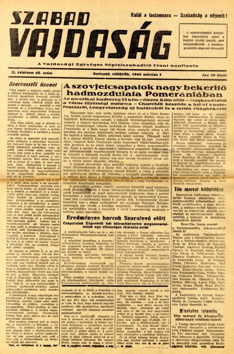 Szabad Vajdaság, 2. évf. 1945. március 1. 48. sz.