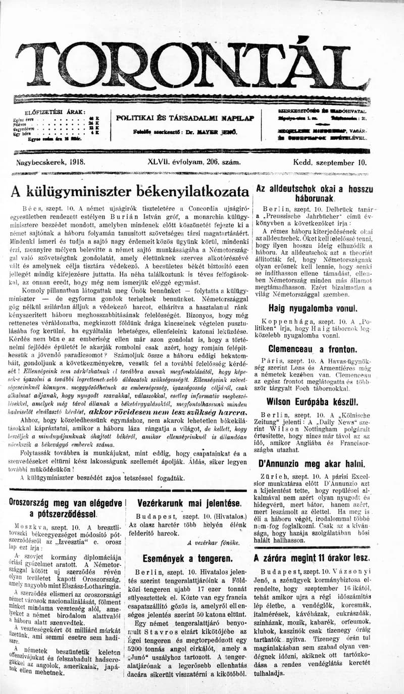 Torontál, 47. évf. 1918. szeptember 10. 206. sz.