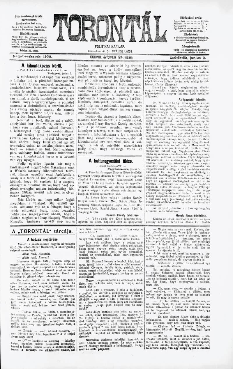 Torontál, 38. évf. 1909. június 3. 124. sz.