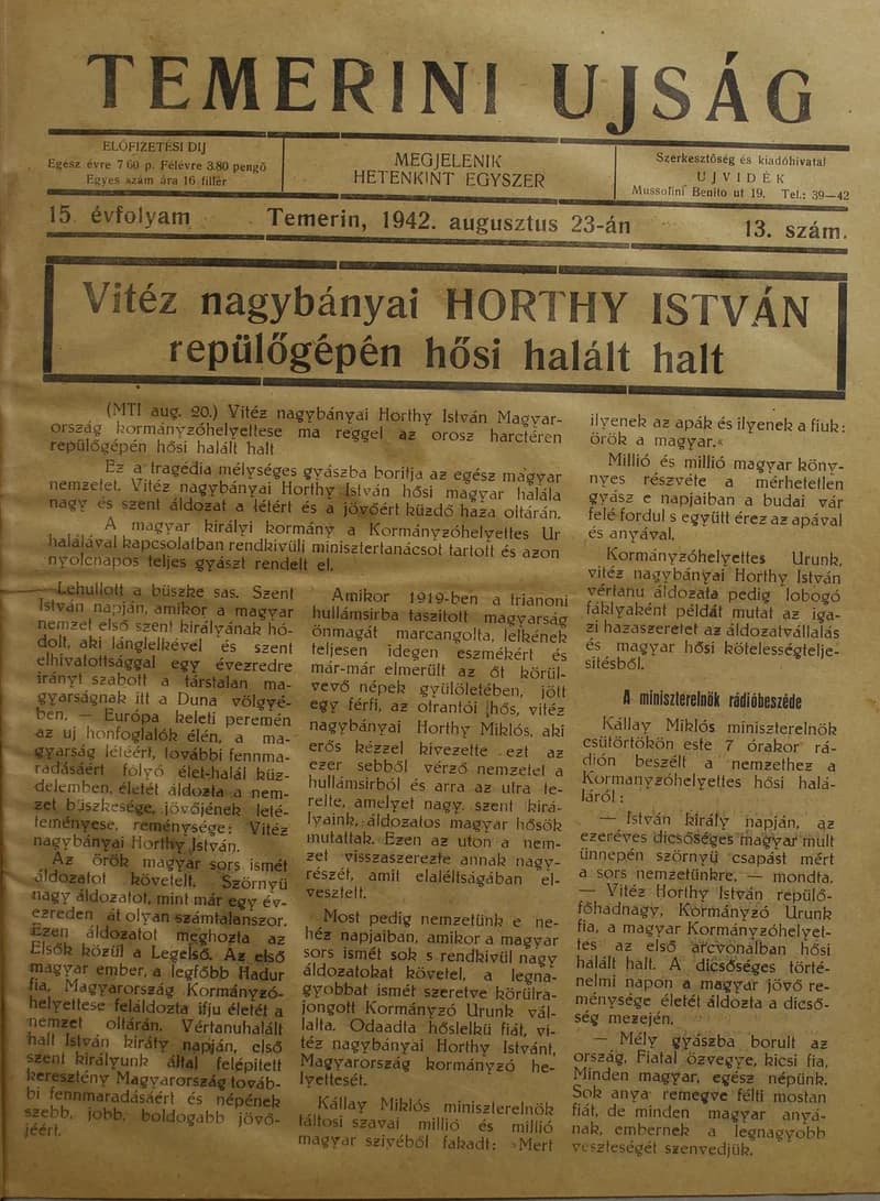 Temerini Újság 1928-1944, 15. évf. 1942. augusztus 23. 13. sz.
