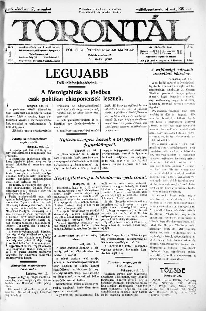 Torontál, 54. évf. 1925. október 17. 236. sz.