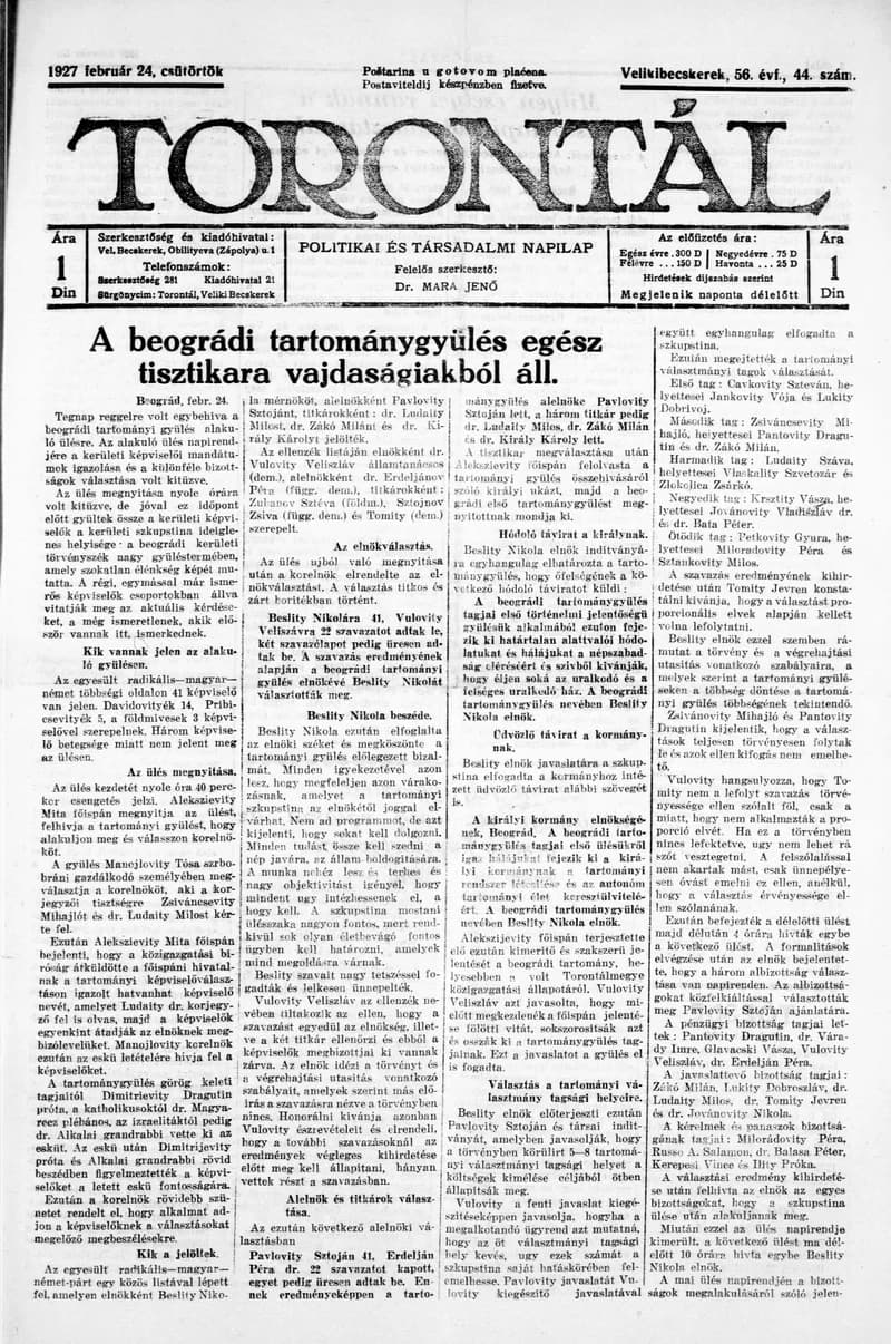 Torontál, 56. évf. 1927. február 24. 44. sz.