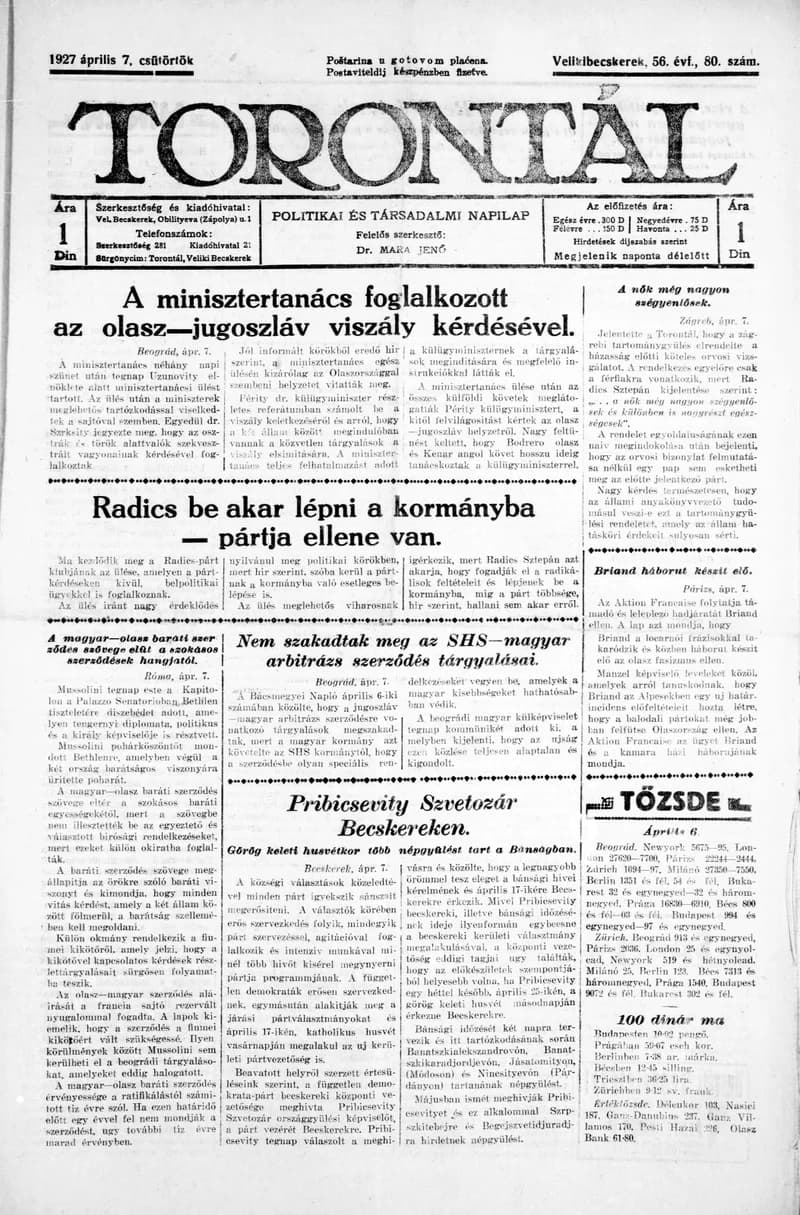 Torontál, 56. évf. 1927. április 7. 80. sz.