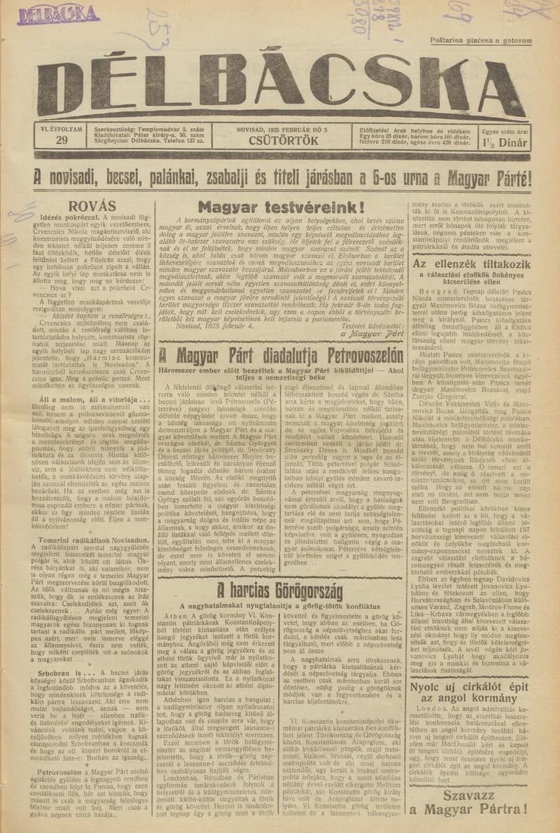 Délbácska, 4. évf. 1925. február 5. 29. sz.