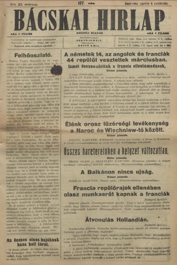 Bácskai Hirlap, 20. évf. 1916. április 6. 157. sz.
