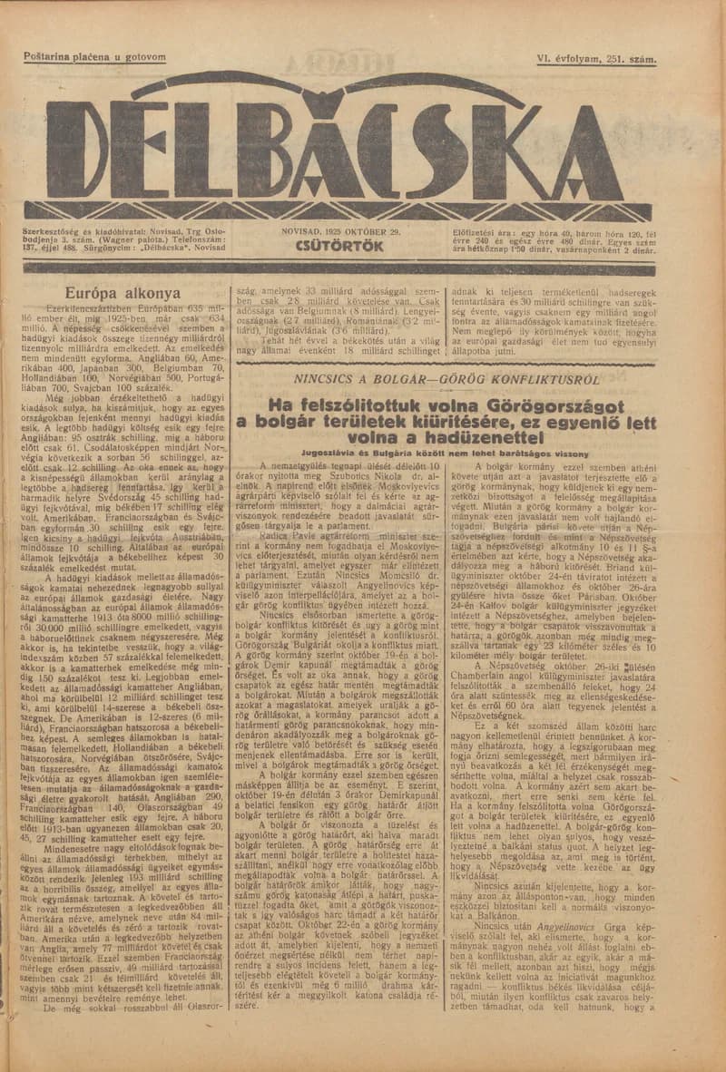 Délbácska, 6. évf. 1925. október 29. 251. sz.