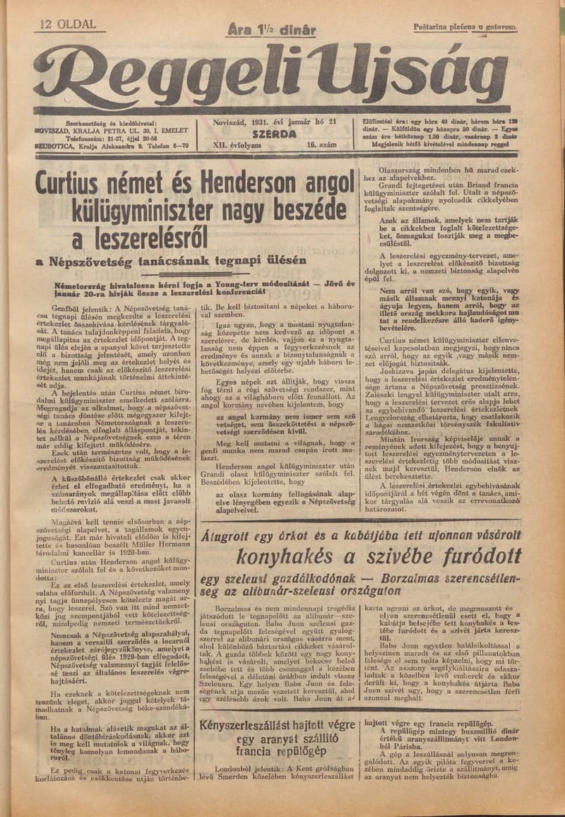Reggeli Újság, 12. évf. 1931. január 21. 16. sz.