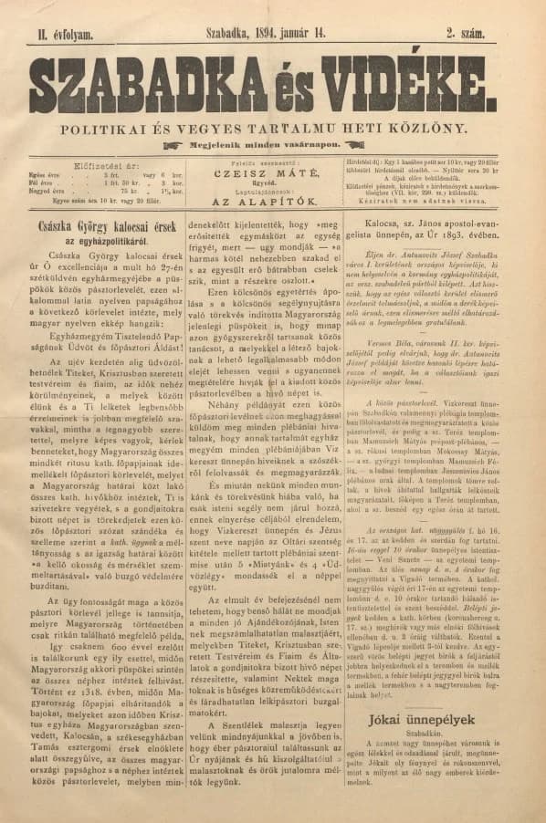 Szabadka és vidéke II, 1. évf. 1894. január 14. 2. sz.