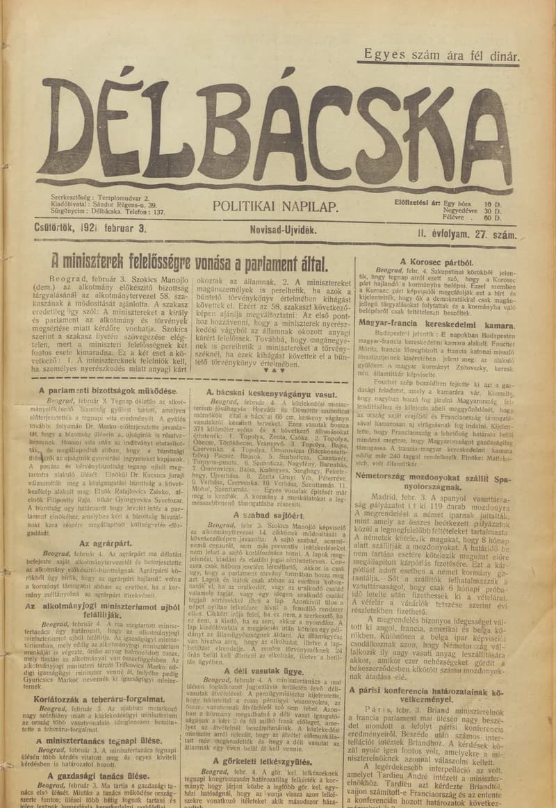 Délbácska, 2. évf. 1921. február 3. 27. sz.