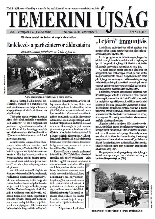 Temerini Újság, 27. évf. 2021. november 4. 43. sz.