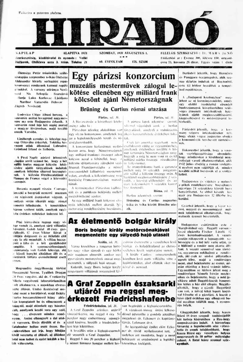 Híradó, 60. évf. 1931. augusztus 1. 175. sz.