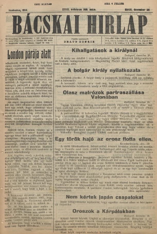 Bácskai Hirlap, 18. évf. 1914. december 28. 368. sz.
