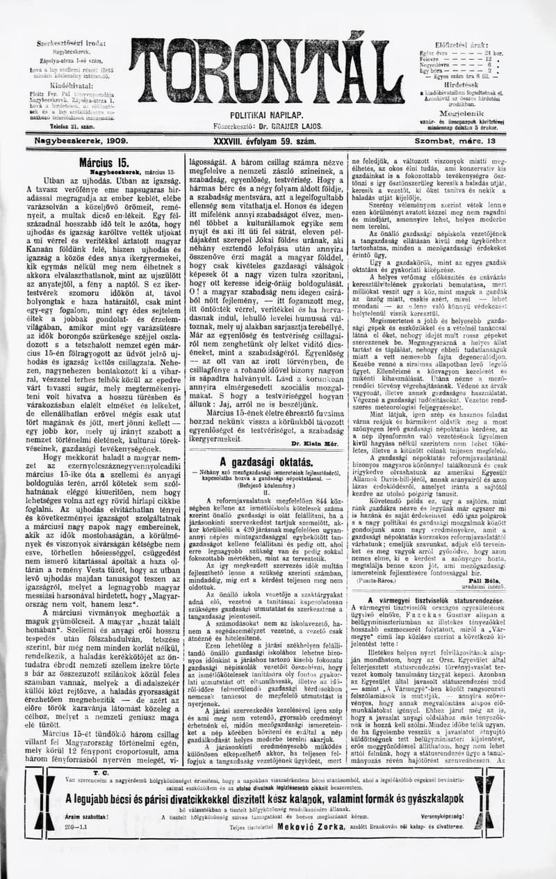 Torontál, 38. évf. 1909. március 13. 59. sz.