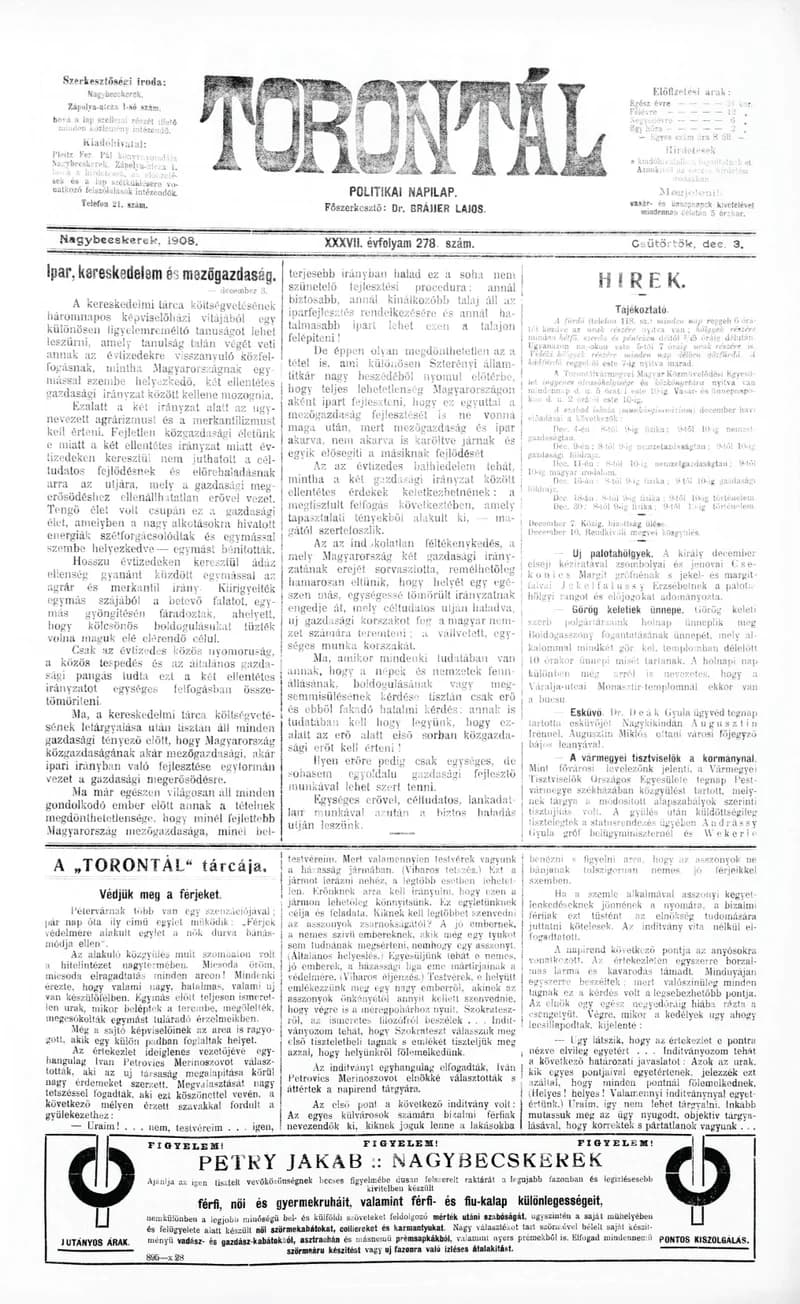 Torontál, 37. évf. 1908. december 3. 278. sz.