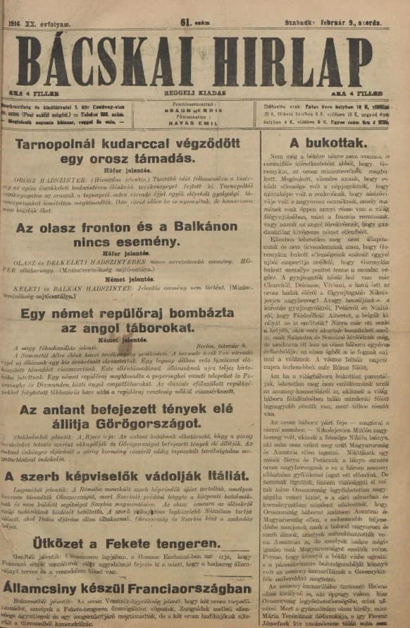 Bácskai Hirlap, 20. évf. 1916. február 9. 61. sz.