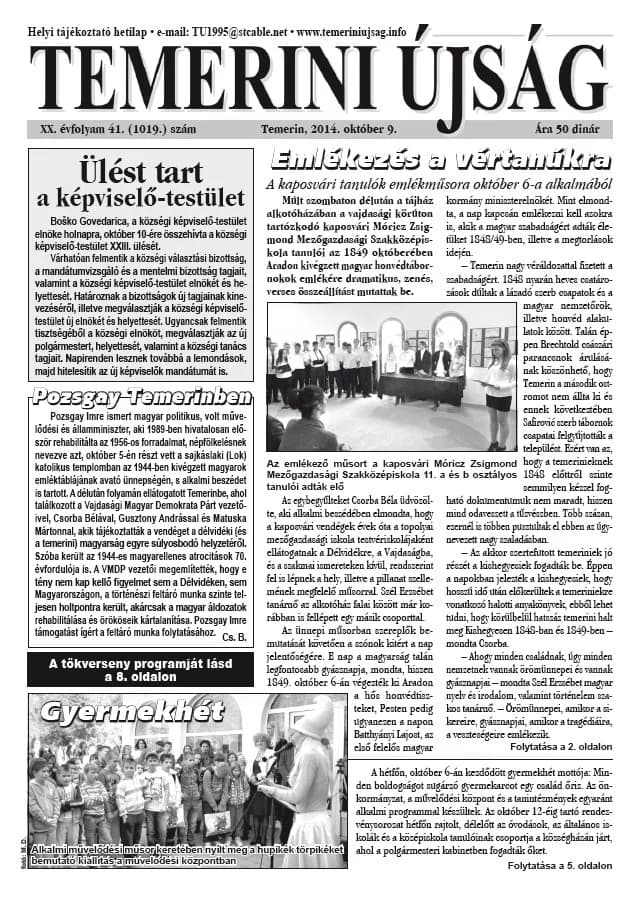 Temerini Újság, 20. évf. 2014. október 9. 41. sz.