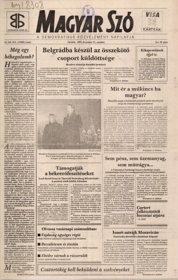 Magyar Szó, 51. évf. 1994. december 17. 274. sz. 1–16. oldal