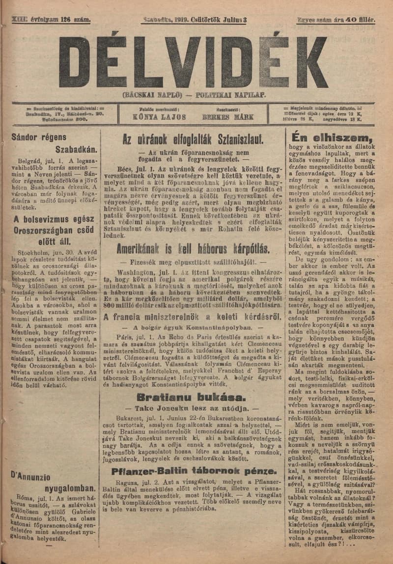 Délvidék, 13. évf. 1919. július 3. 126. sz.