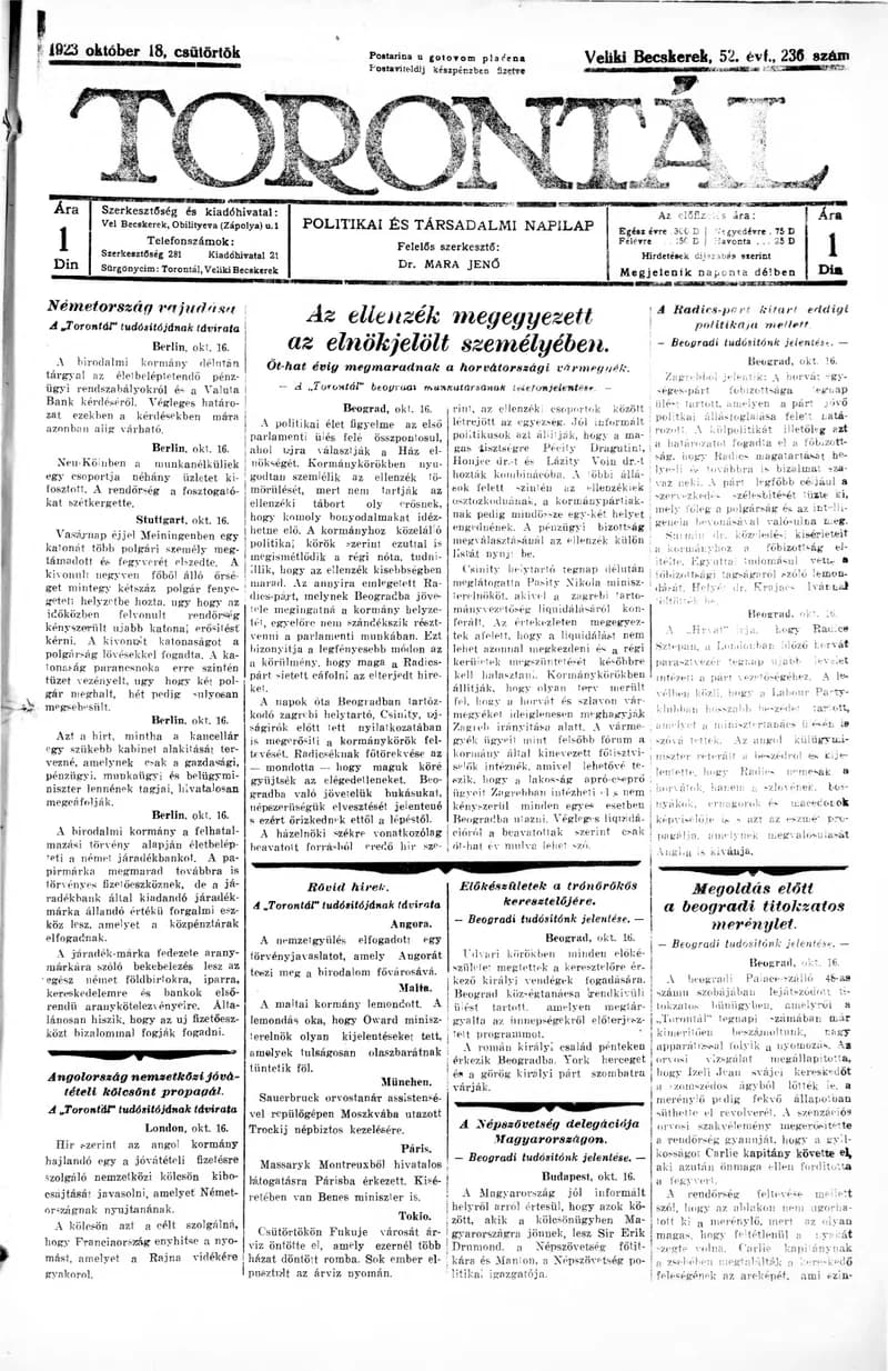 Torontál, 52. évf. 1923. október 18. 236. sz.