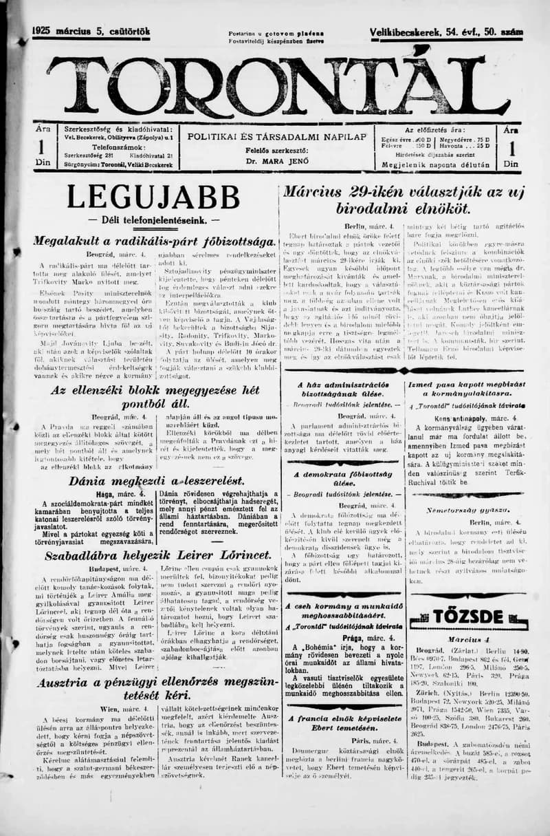 Torontál, 54. évf. 1925. március 5. 50. sz.