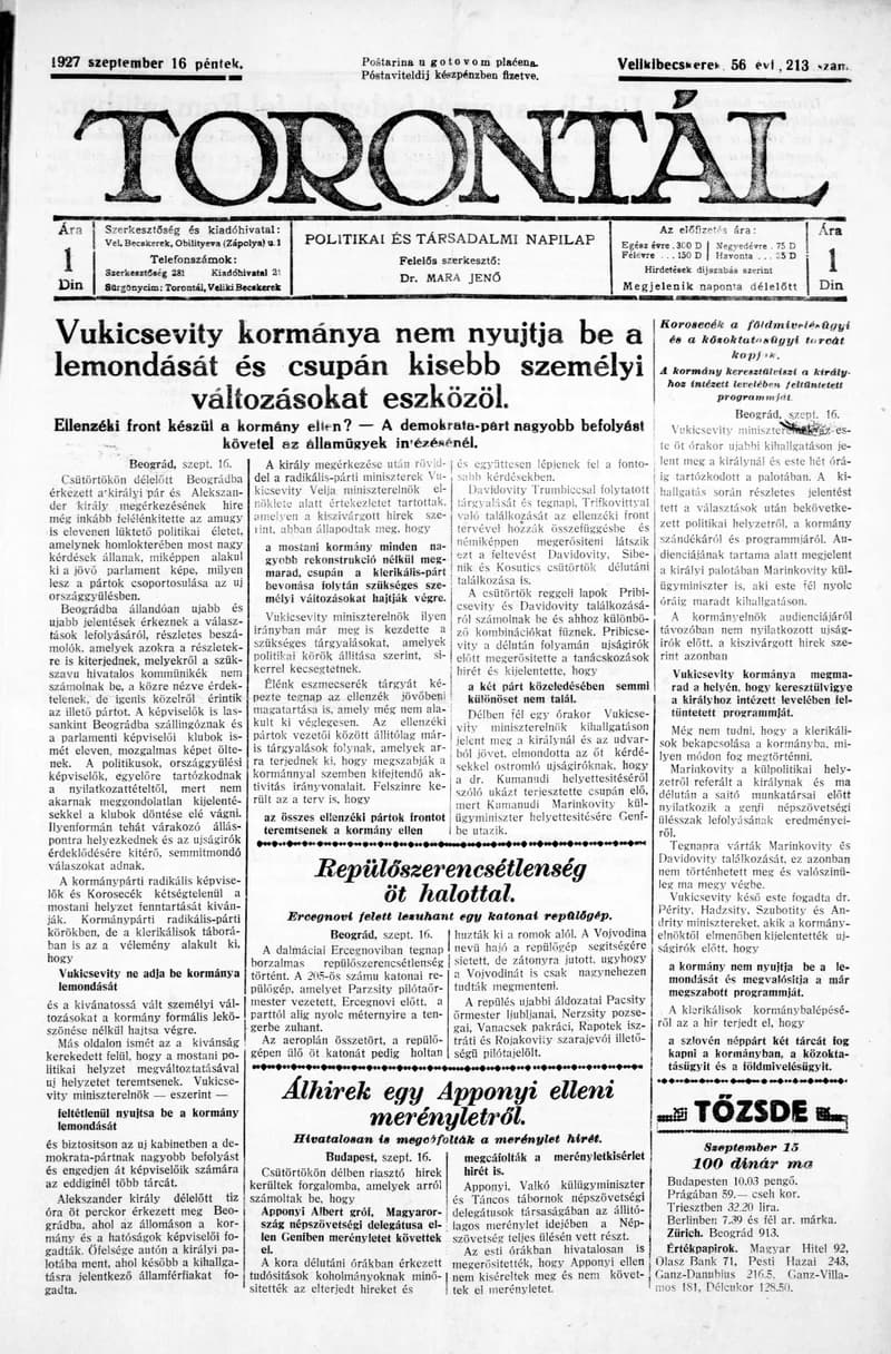 Torontál, 56. évf. 1927. szeptember 16. 213. sz.