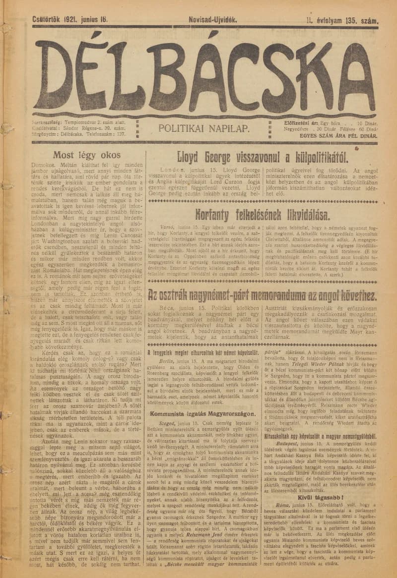 Délbácska, 2. évf. 1921. június 16. 135. sz.