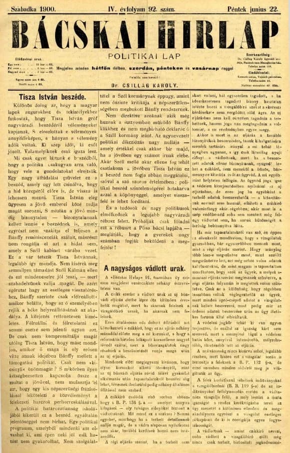 Bácskai Hirlap, 4. évf. 1900. június 22. 92. sz.