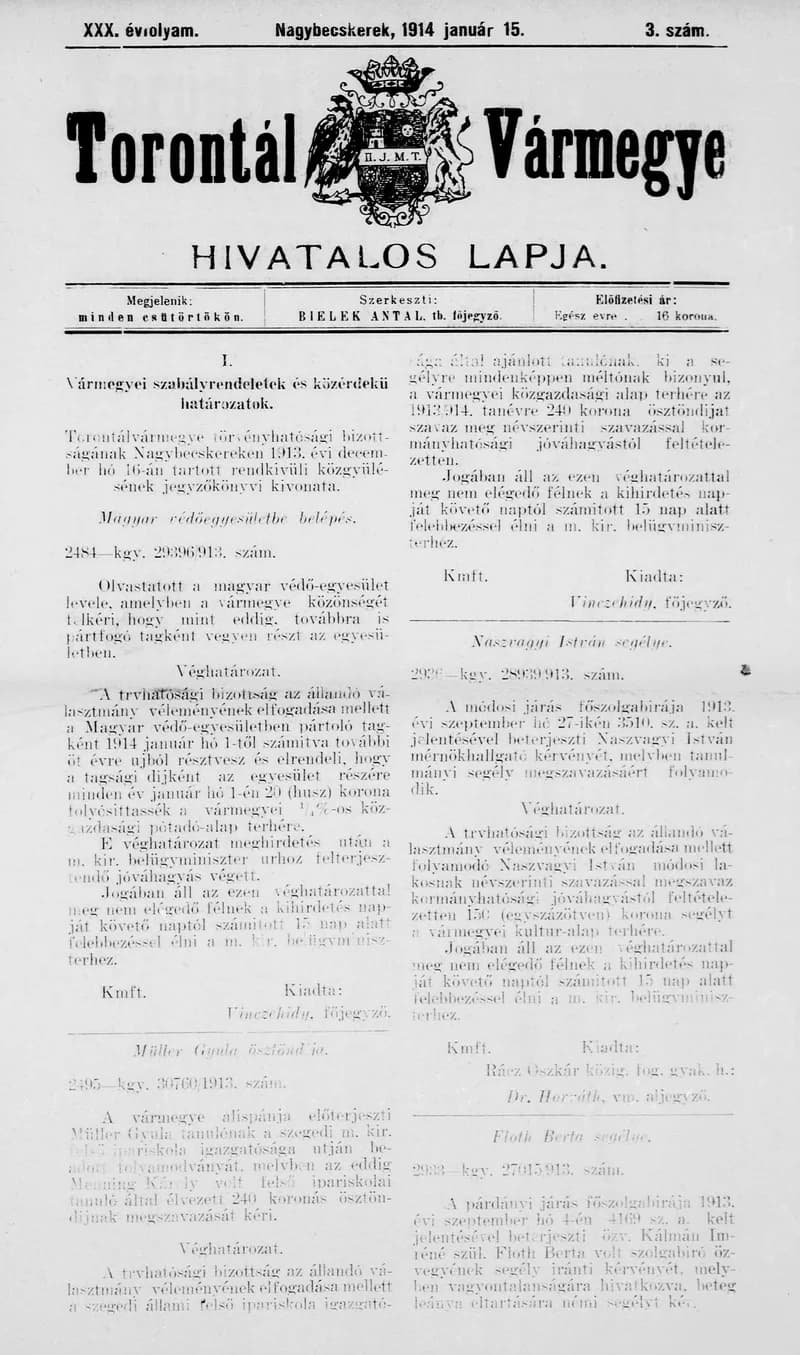 Torontál Vármegye Hivatalos Lapja, 30. évf. 1914. január 15. 3. sz.