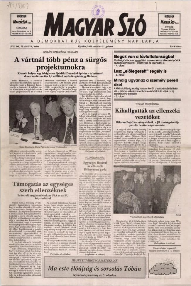 Magyar Szó, 57. évf. 2000. március 31. 76. sz. 1–16. oldal