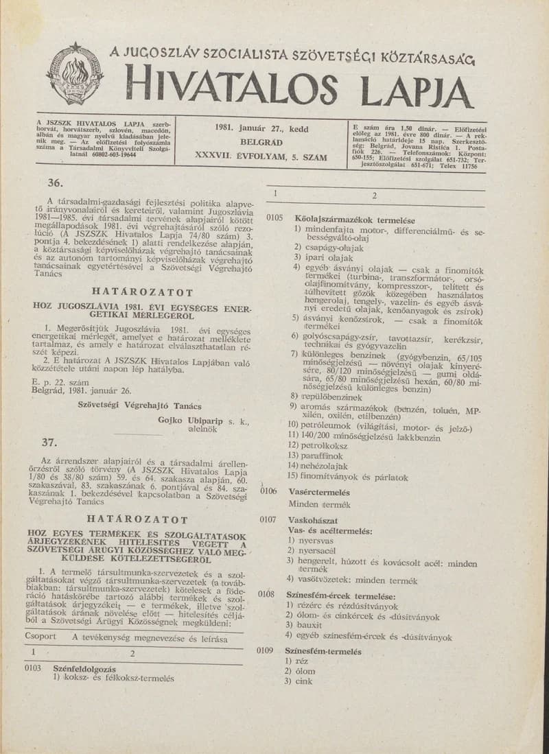 A Jugoszláv Szocialista Szövetségi Köztársaság Hivatalos Lapja, 37. évf. 1981. január 27. 5. sz. 185–188. oldal