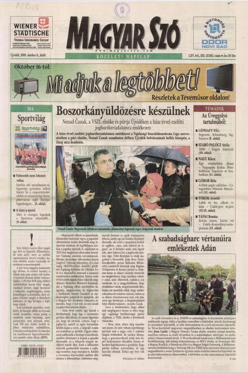 Magyar Szó, 65. évf. 2008. október 6. 232. sz. 1–16. oldal