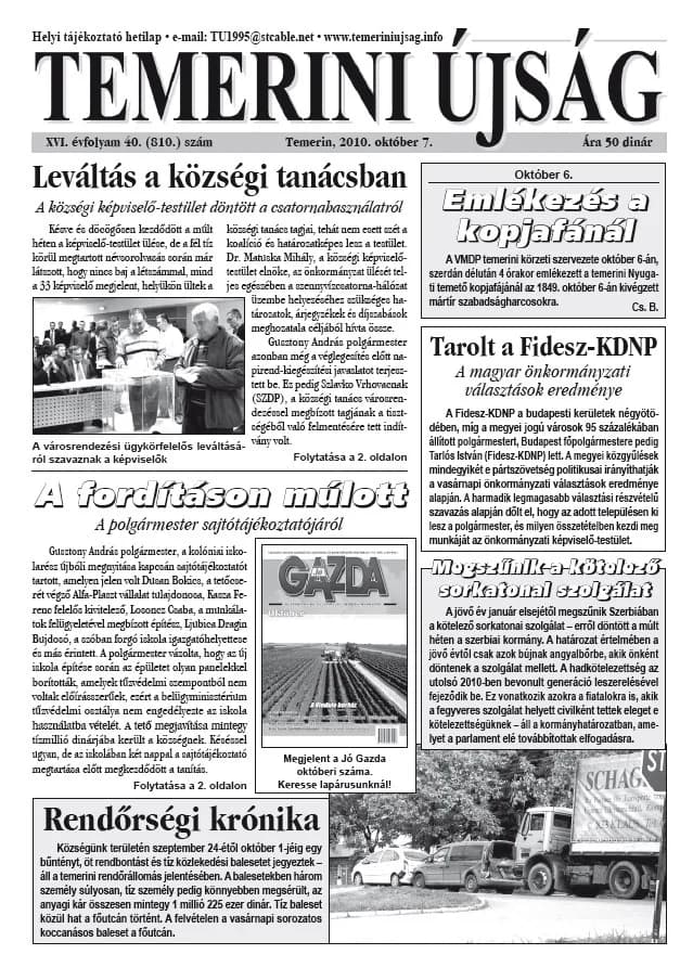 Temerini Újság, 16. évf. 2010. október 7. 40. sz.