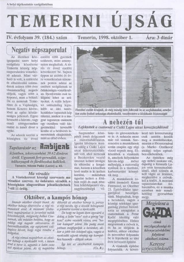 Temerini Újság, 4. évf. 1998. október 1. 39. sz.